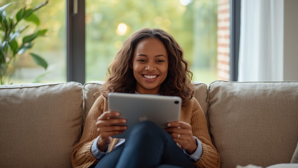 A woman sitting on a couch, smiling and holding a tablet device, appears to be engaged in a telehealth session.