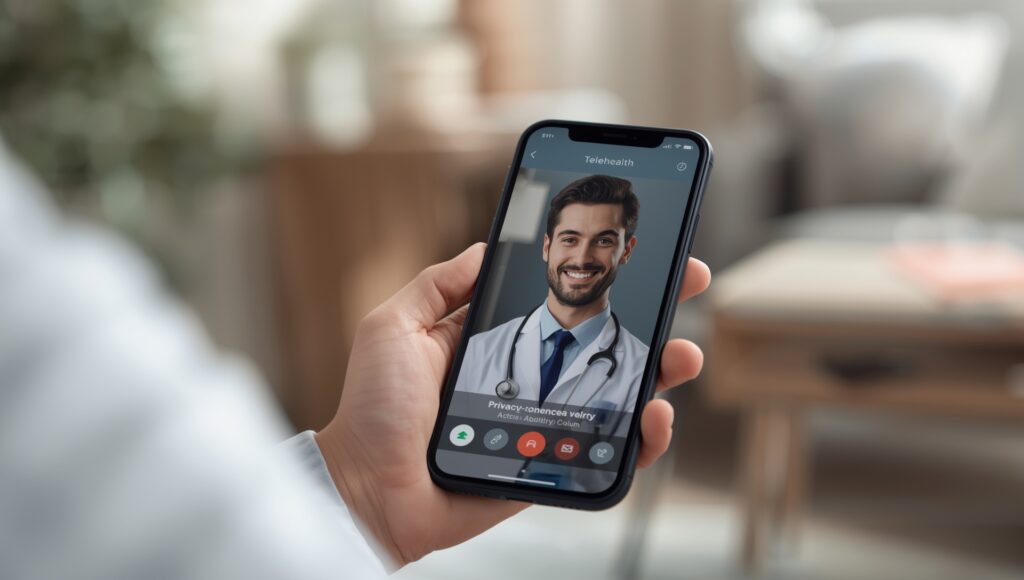 A smartphone screen displays a video call with a smiling doctor wearing a white coat and stethoscope, indicating a telehealth consultation.
