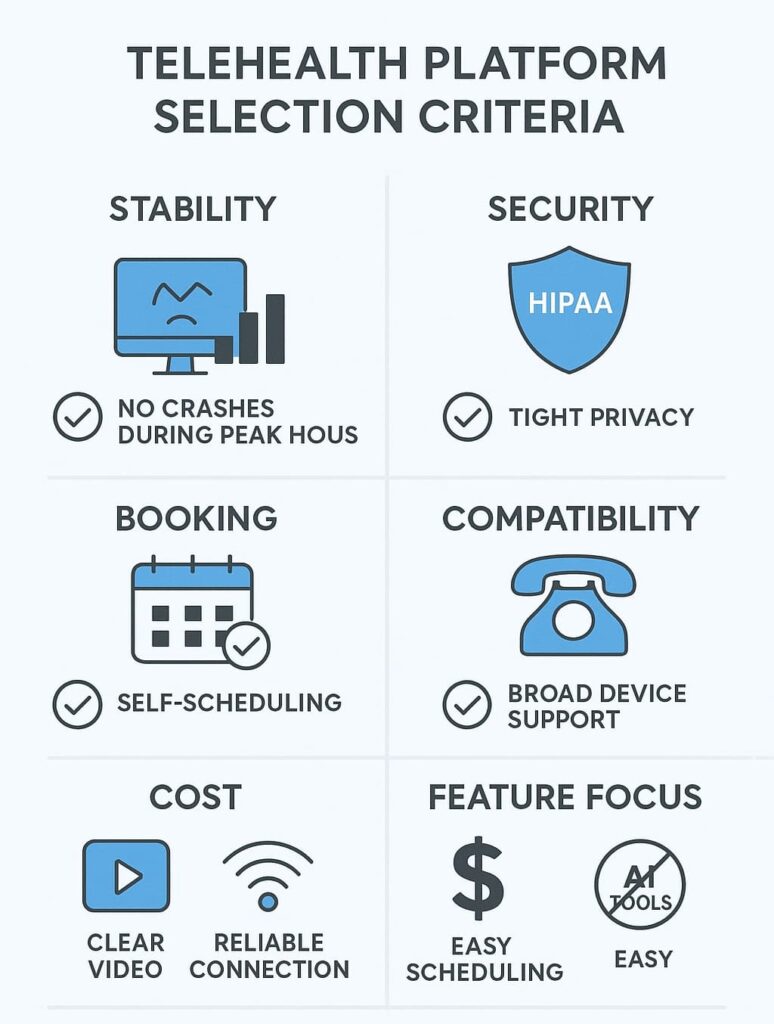 An infographic outlines the selection criteria for a telehealth platform, including stability, security, booking, compatibility, cost, and integration capabilities.