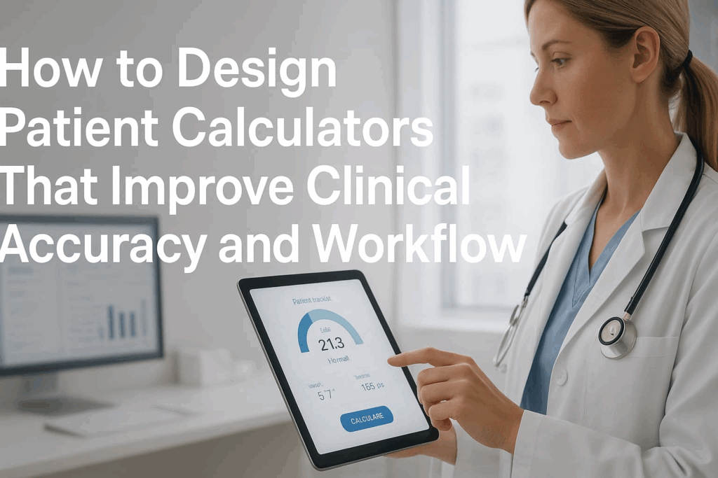 A healthcare professional uses a tablet to design patient calculators for improved clinical accuracy and workflow.