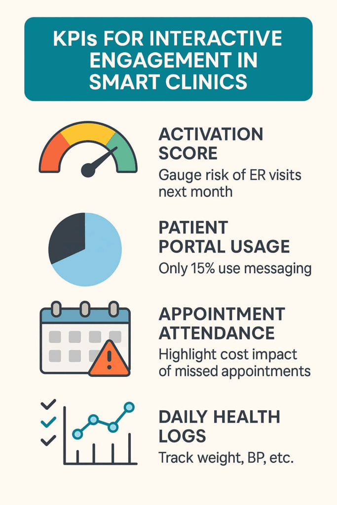 Infographic illustrating KPIs for interactive engagement, highlighting how to measure interactive engagement in smart clinics.