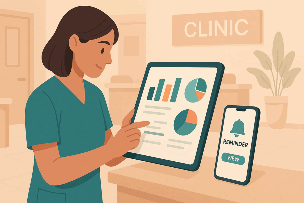 A nurse using a tablet and phone to explore data on how to measure interactive engagement in a clinic setting.