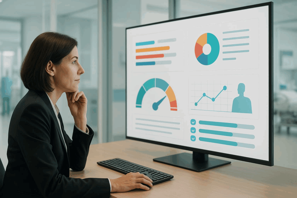 A woman analyzing data on a screen, focusing on how to measure interactive engagement metrics.
