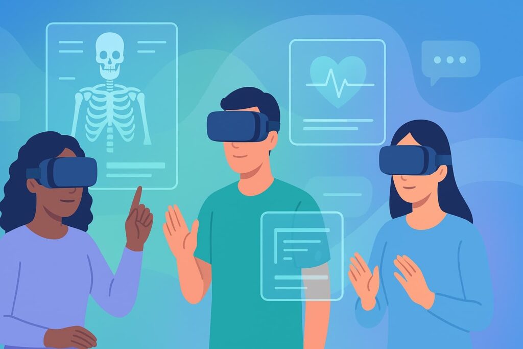 “Patients using VR technology for interactive medical education, enhancing understanding and engagement”.