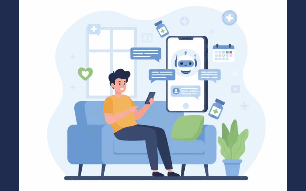 Person using a smartphone with a chatbot, illustrating AI & Emerging Tech in Healthcare Marketing in a home setting