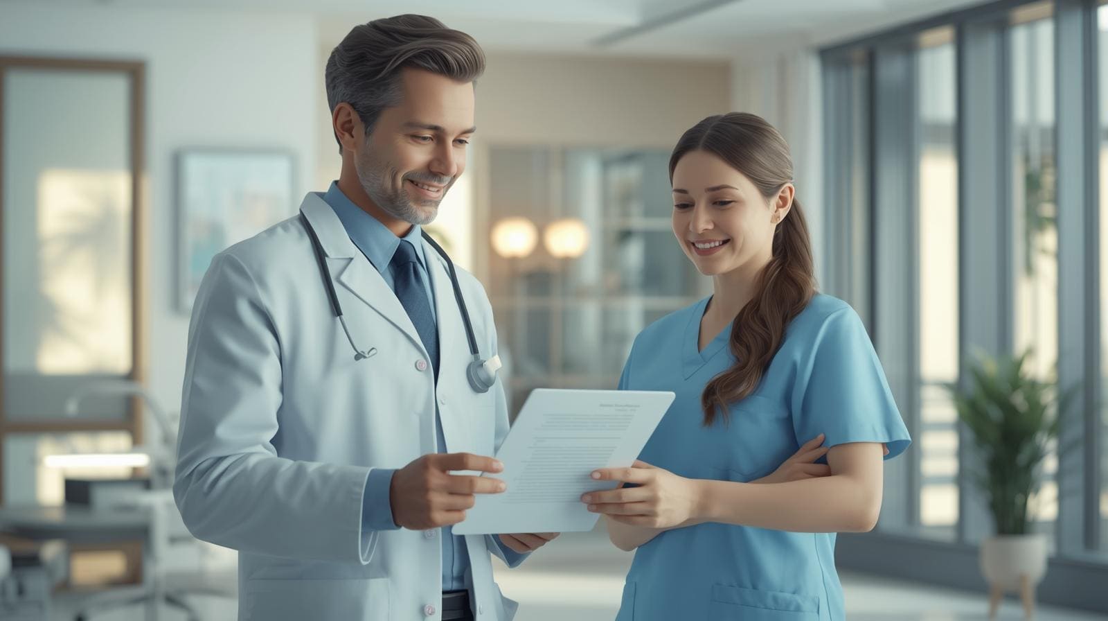 A diverse team of doctors and nurses sitting around a conference table, looking at a large screen displaying medical charts and graphs.