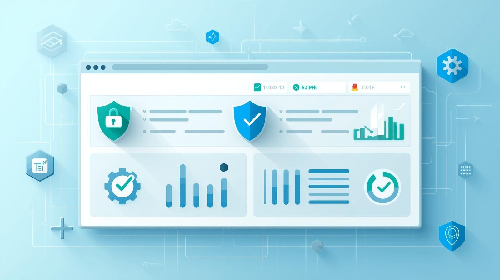 "Web interface display featuring graphs, security icons, and data metrics relevant to healthcare systems."